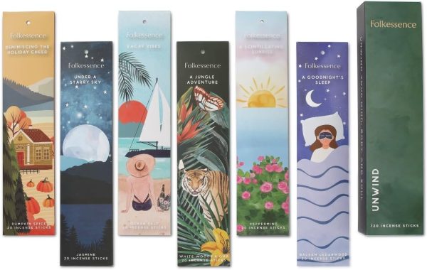 Folkulture Incense Sticks - Set of 6 Incenses (120 Sticks) for Relaxation - Balsam Cedarwood, Jasmine, White Woods & Oud, Ocean Salt, Pumpkin Spice, Peppermint - Valentine Gift Set for her