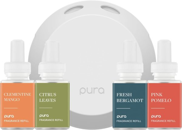 Pura 4 Smart Home Fragrance Device Starter Set - Scent Diffuser for Home - Air Deodorizer & Odor Eliminator - Clementine Mango, Fresh Bergamot, Citrus Leaves, Pink Pomelo