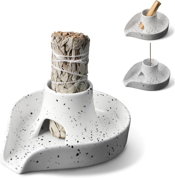 Incense Holder Palo Santo Holder White Sage Smudge Holder Smudge Stick Bowl Ceramics Burning Bowl for White Sage/Palo Santo Stick/Incense,Easy to Clean 3 in 1 White Sage Bundle Smudge Bowl (Gray)