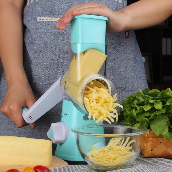 Cambom Rotary Cheese Grater Hand Crank Cheese Shredder for Fresh Cheese, Vegetable, Nuts,Non-slip Suction Base, Free Cleaning Brush Three Blades, Blue - Image 10