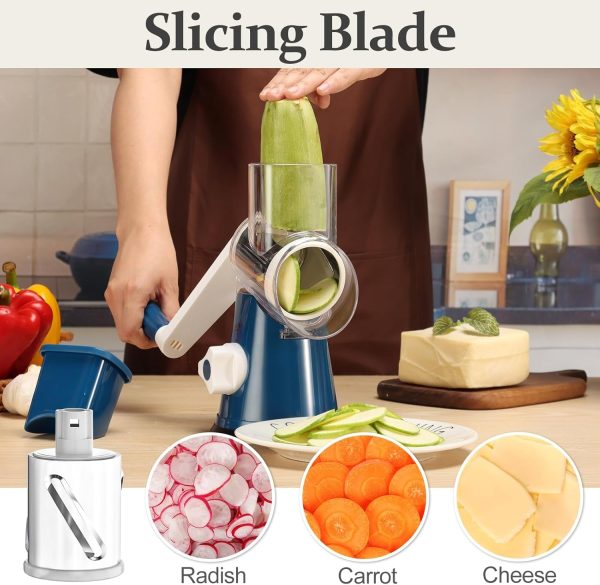 Cambom Rotary Cheese Grater Hand Crank Cheese Shredder for Fresh Cheese, Vegetable, Nuts,Non-slip Suction Base, Free Cleaning Brush Three Blades, Blue - Image 25