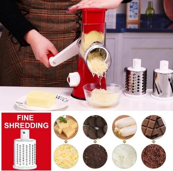 Cambom Rotary Cheese Grater Hand Crank Cheese Shredder for Fresh Cheese, Vegetable, Nuts,Non-slip Suction Base, Free Cleaning Brush Three Blades, Blue - Image 82