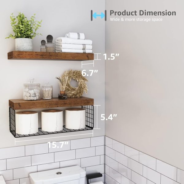 QEEIG Bathroom Shelves Over Toilet Wall Mounted Floating Shelves Farmhouse Shelf Toilet Paper Storage Small 16 inch Set of 3, Rustic Brown (019-BN3) - Image 101