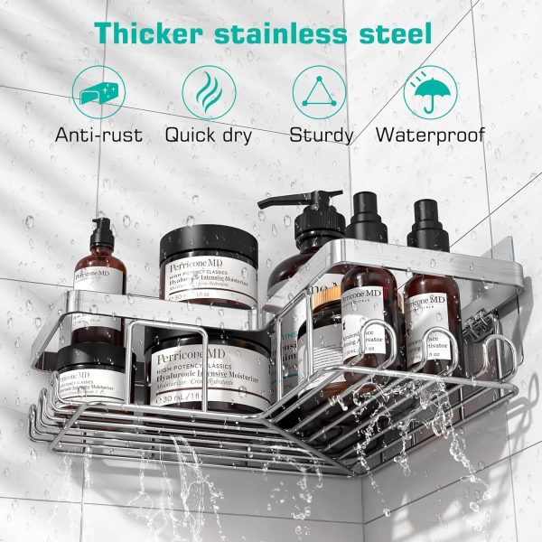 YASONIC Corner Adhesive Shower Caddy, with Soap Holder and 12 Hooks, Rustproof Stainless Steel Bathroom Organizer, No Drilling Wall Mounted Rack, Black, 3-Pack - Image 28