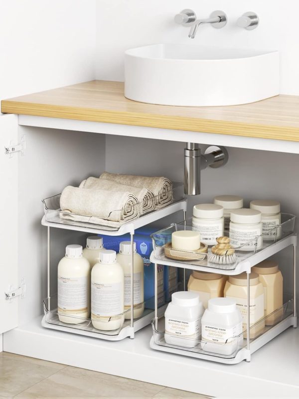 Delamu 2 Sets of 2-Tier Multi-Purpose Bathroom Under Sink Organizers and Storage, Stackable Kitchen Pantry Organization, Pull Out Medicine Cabinet Organizer with 8 Movable Dividers - Image 3