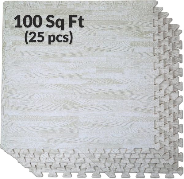 Home Aesthetics 100 Sq. Ft 3/8 Inch Thick Printed Foam Tiles Interlocking Foam Mat, 24" x 24", 25 pcs, White Wood Grain Style Protective Flooring, for Home, Gym Exercise or Trade Show